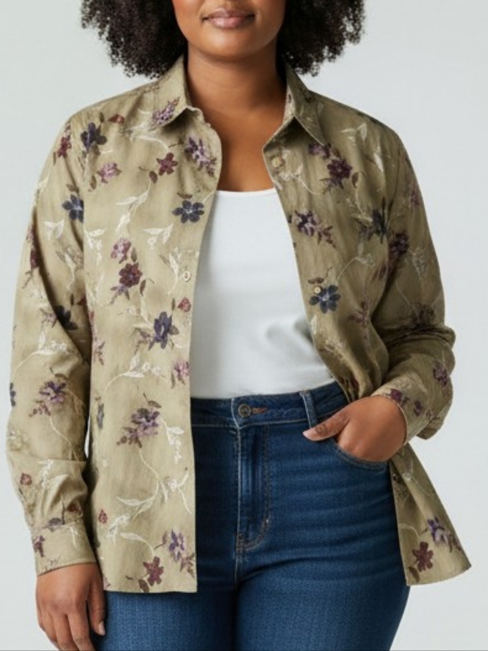 Casey & Max Womens Shirt Floral Button Down Olive Green Size Small